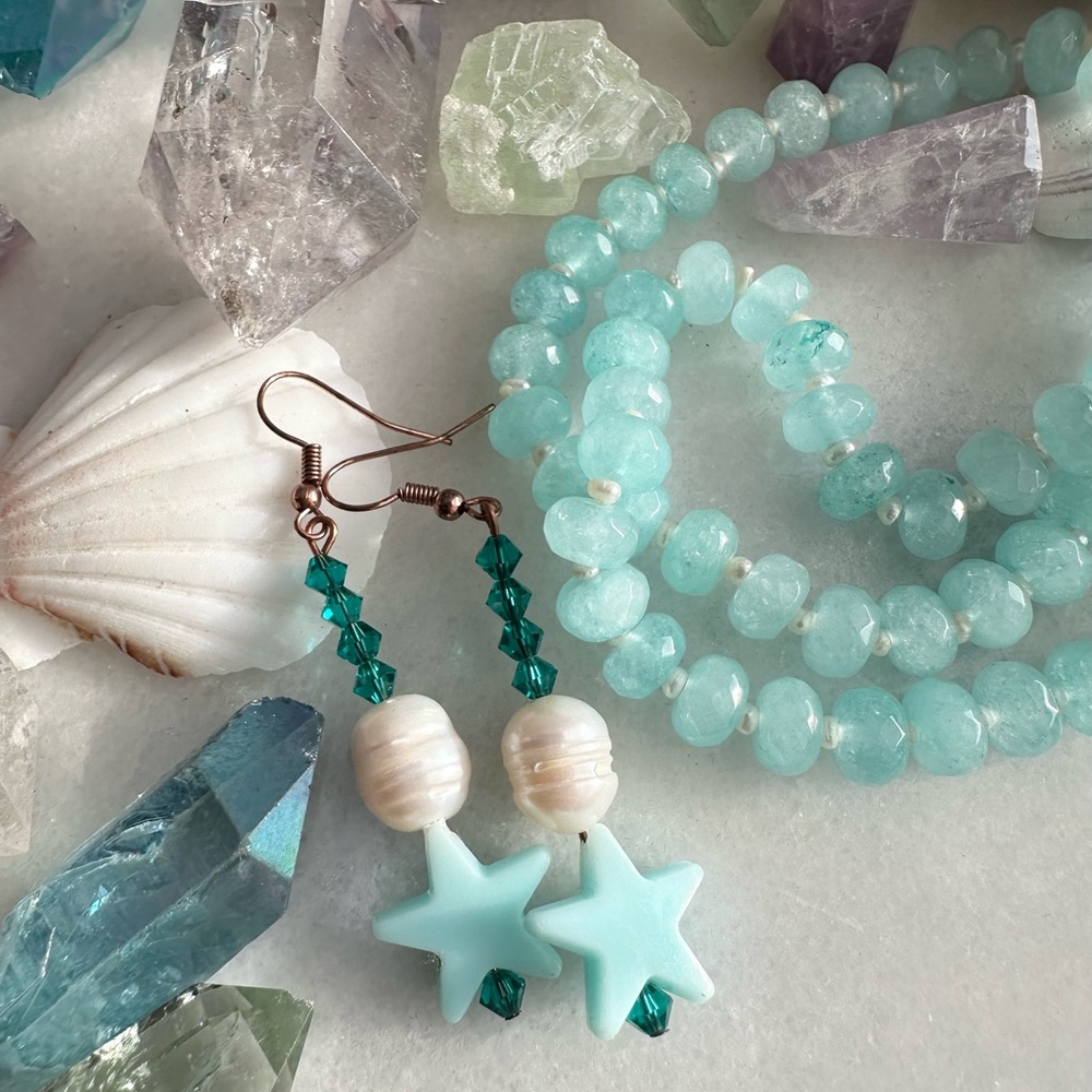Star + Pearl Blue Beaded Dangle Earrings Copper Hardware